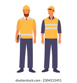 Vector illustration of builders in uniform and safety helmets. Vector illustration in flat cartoon style. Isolated on white background.