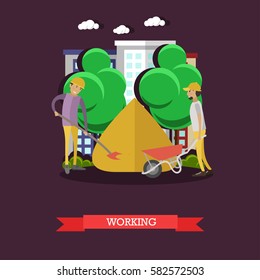 Vector illustration of builders working at construction site in flat style. Construction workers taking sand for building mortar.