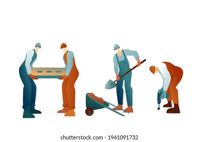 Ilustración vectorial de los constructores están trabajando en un fondo blanco. Personajes en cascos, trabajadores uniformados. Un hombre con una pala, un hombre perfora, levantando cargas pesadas. Diseño moderno y plano de la publicidad.