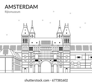 Vector Illustration of building Amsterdam outline for Design, Website, Background, Banner, Card. Travel Holland Landmark silhouette Element Template for Tourism Flier.