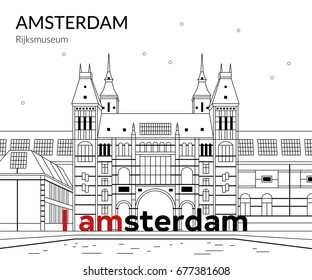 Vector Illustration of building Amsterdam outline for Design, Website, Background, Banner, Card. Travel Holland Landmark silhouette Element Template for Tourism Flier.