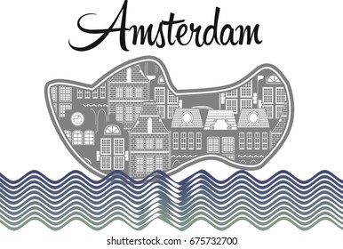 Vector Illustration of building Amsterdam and  Wooden shoe. Template for Tourism Flier.