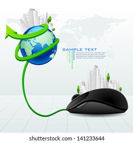 vector illustration of building around globe connected with mouse