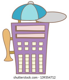 Ilustración vectorial de un edificio con gorra de béisbol y bate