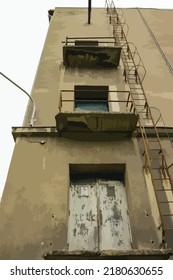 Vector illustration of a building. building from below. Iron door. A ladder leading to the roof. Industrial building.