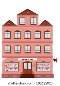 Vector illustration of building with a butcher shop in it