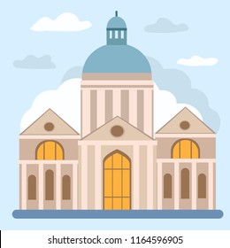 vector illustration of a building with columns and clouds on a blue background