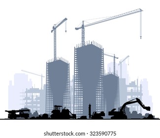 Ilustración vectorial de un edificio y una maquinaria de construcción