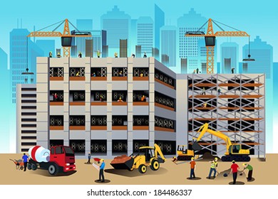 A Vector Illustration Of Building Construction Scene