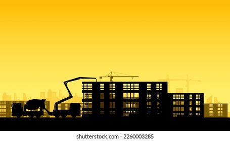 Vector illustration of the building construction site with machines for work on cityscape background.
cranes, excavators, truck
