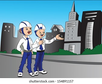 Vector illustration of a building contractor pointing something out on site to his partner.
