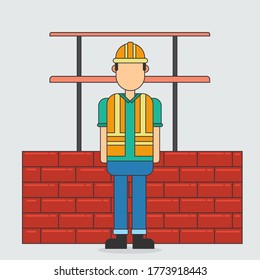 ilustración vectorial de un contratista de la construcción que lleva puesto un casco de seguridad naranja, chaleco naranja, camisa verde, pantalones azules y zapatos negros