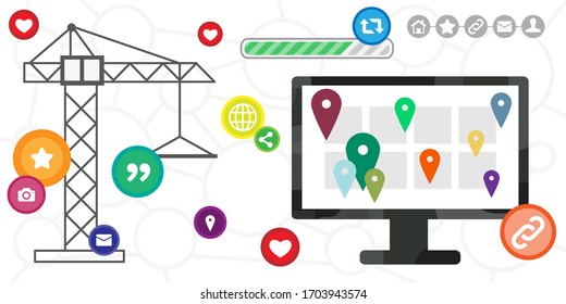 vector illustration of building crane and computer screen for online presence concept 