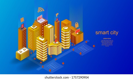 Vector illustration of a building with elements of a smart city. Science, futuristic, web, network concept, communications, high technology. EPS 10.
