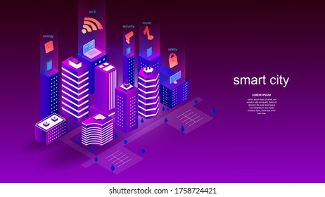 Vector illustration of a building with elements of a smart city. Science, futuristic, web, network concept, communications, high technology. EPS 10.