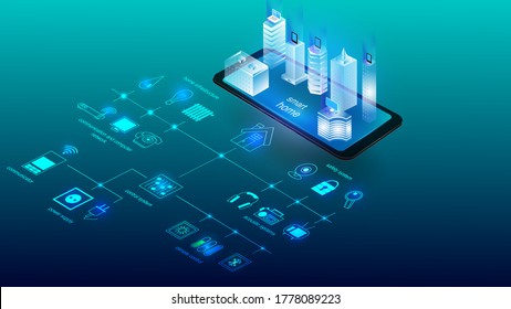 Vector Illustration Of A Building With Elements Of A Smart Home System. Science, Futuristic, Web, Network Concept, Communications, High Technology. EPS 10.