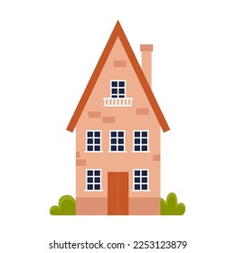 Vector illustration of building exterior. Small village house. Cartoon home with windows and doors, chimneys on roofs isolated on white. Neighborhood, town, urban concept