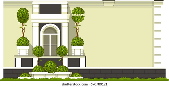 Vector illustration of a building facade, balcony with a window gardening