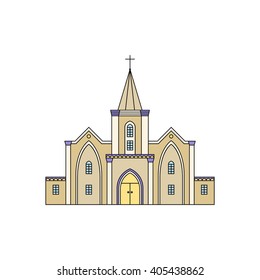 Vector illustration of building facade. Church viewed from front elevation on white background.