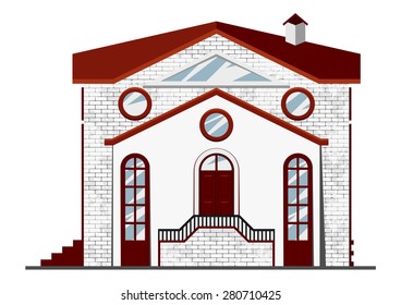 Vector illustration of building facade. Facade view of white brick building isolated on white. Can be used as hospital, hotel, mall, pastry shop, or dwelling house for games and mobile apps.