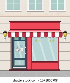 Vector illustration of building in flat cartoon style. Template for shop or cafe. 