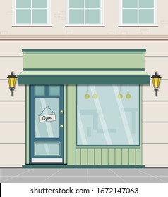 Vector illustration of building in flat cartoon style. Template for shop or cafe. 