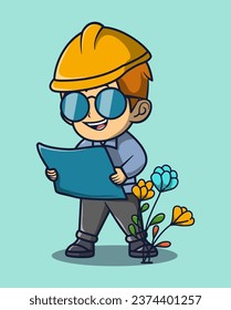 vector illustration of a building foreman in glasses looking at a blueprint. profession icon concept