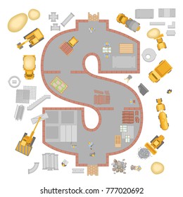 Vector illustration. Building in the form of a dollar. Top view. Investments in construction.