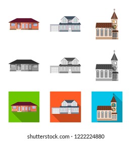 Vector illustration of building and front icon. Set of building and roof stock symbol for web.