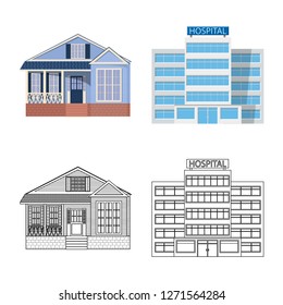 Vector illustration of building and front icon. Collection of building and roof stock vector illustration.