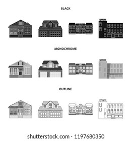 Vector illustration of building and front logo. Set of building and roof stock vector illustration.
