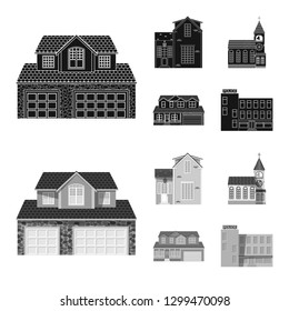 Vector illustration of building and front logo. Set of building and roof vector icon for stock.
