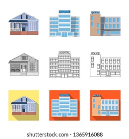 Vector illustration of building and front logo. Collection of building and roof vector icon for stock.