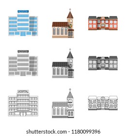 Vector illustration of building and front sign. Collection of building and roof stock vector illustration.