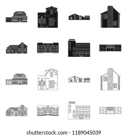 Vector illustration of building and front sign. Set of building and roof vector icon for stock.