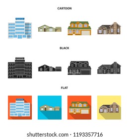 Vector illustration of building and front sign. Set of building and roof vector icon for stock.