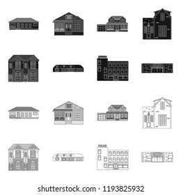 Vector illustration of building and front sign. Set of building and roof vector icon for stock.
