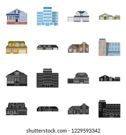 Vector illustration of building and front sign. Set of building and roof stock symbol for web.