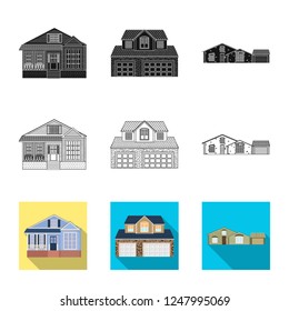 Vector illustration of building and front sign. Set of building and roof stock vector illustration.
