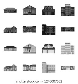 Vector illustration of building and front sign. Collection of building and roof stock vector illustration.