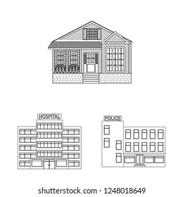 Vector illustration of building and front sign. Collection of building and roof stock symbol for web.