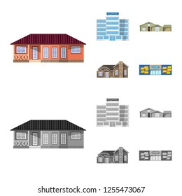 Vector illustration of building and front sign. Set of building and roof stock vector illustration.
