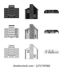 Vector illustration of building and front sign. Set of building and roof vector icon for stock.
