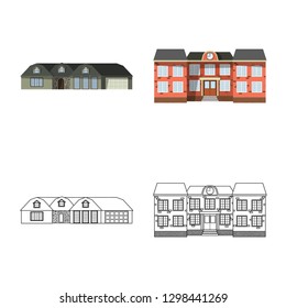 Vector illustration of building and front sign. Collection of building and roof vector icon for stock.