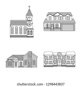 Vector illustration of building and front sign. Set of building and roof vector icon for stock.