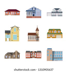 Vector illustration of building and front sign. Set of building and roof stock vector illustration.