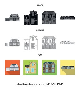 Vector illustration of building and front sign. Collection of building and roof stock vector illustration.