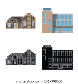 Vector illustration of building and front sign. Collection of building and roof stock vector illustration.