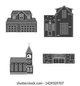 Vector illustration of building and front sign. Collection of building and roof stock symbol for web.