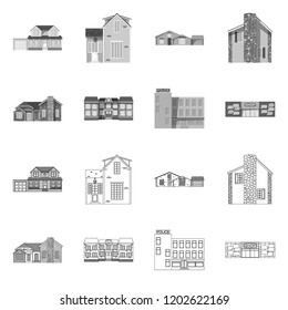 Vector illustration of building and front symbol. Collection of building and roof vector icon for stock.